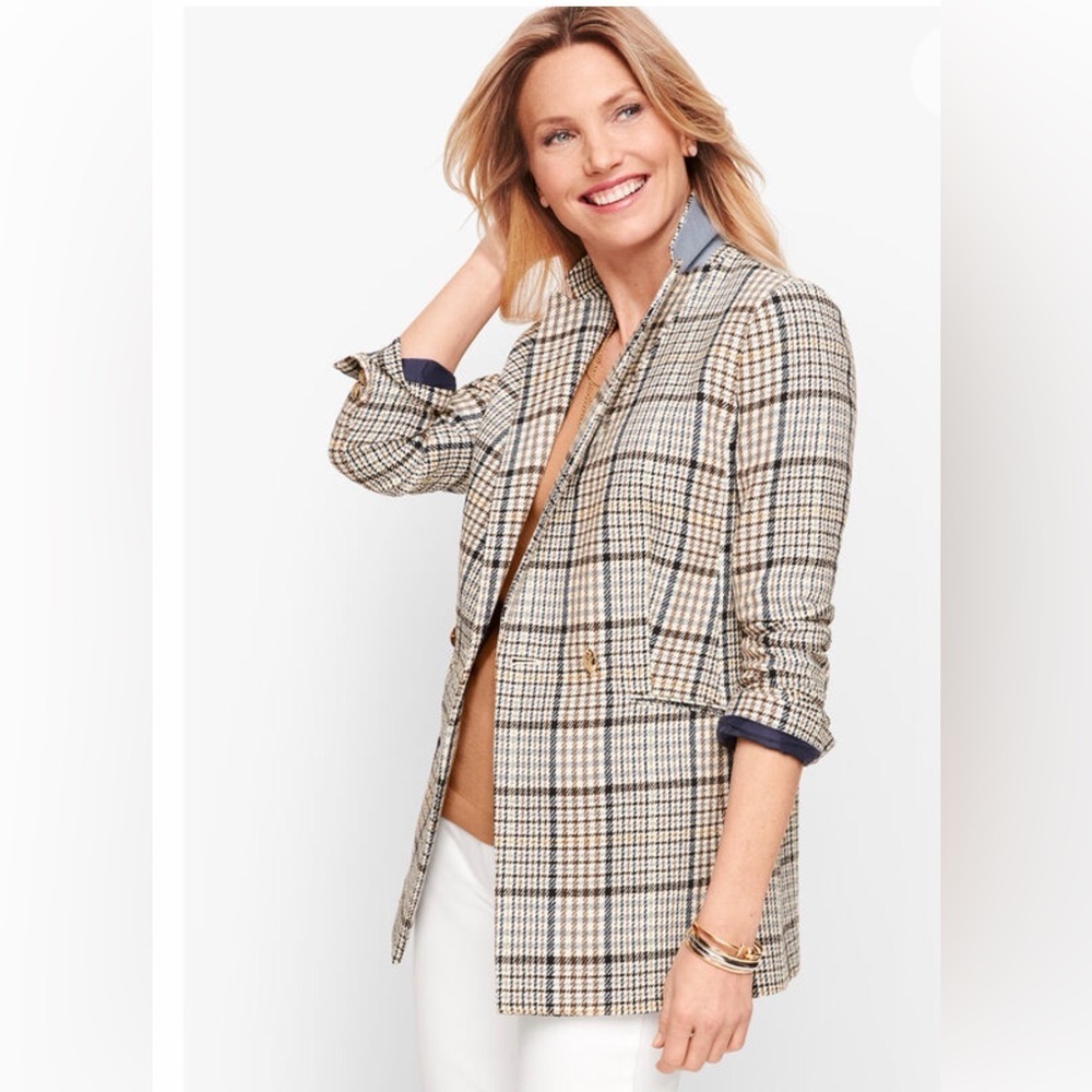 Talbots Navy Lined Plaid Jacket with Blue & Tan Accents